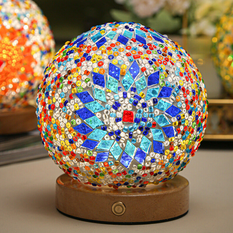 Contemporary Boho Orb Wood Glass USB LED Table Lamp