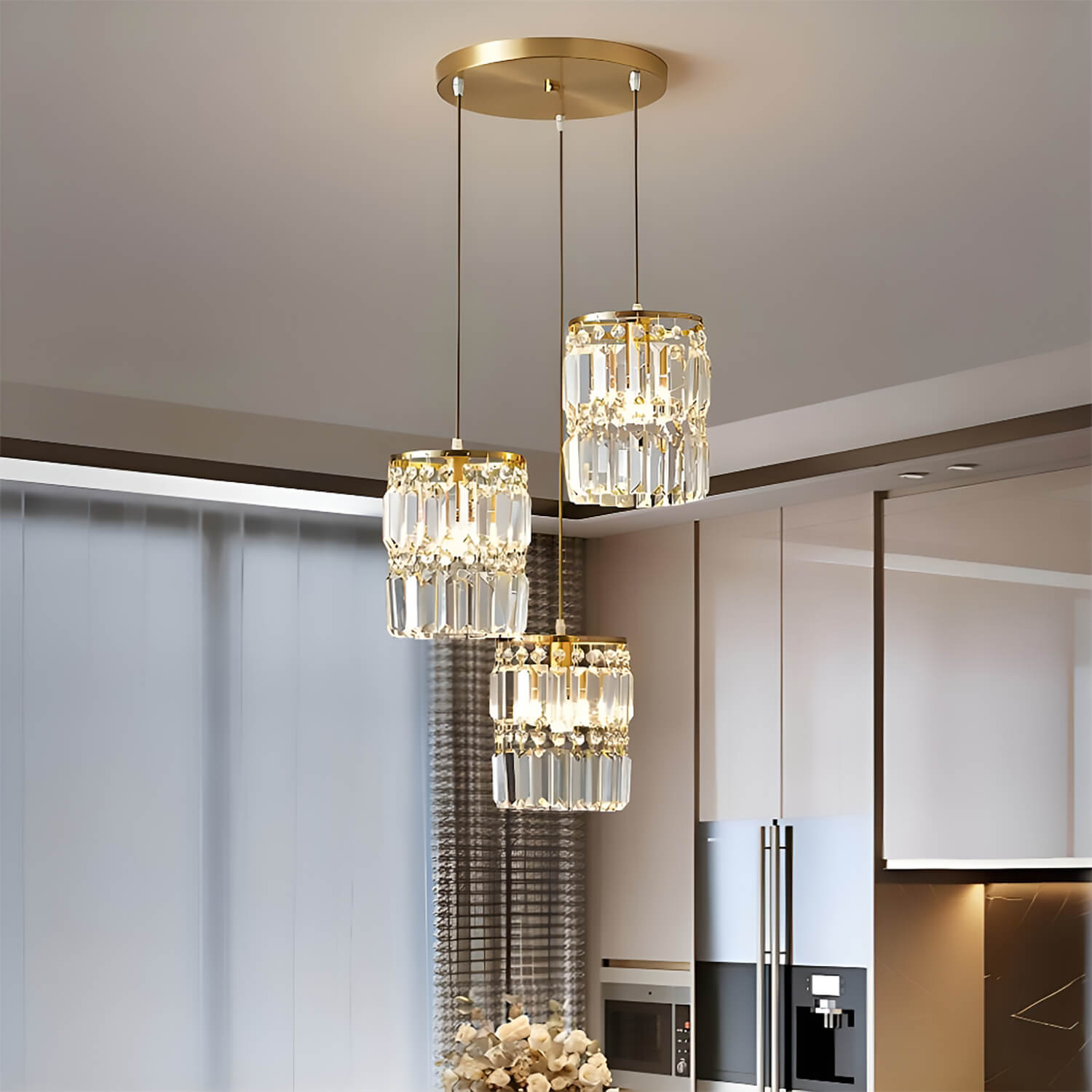 3-Light Gold Crystal Chandelier - Linear Pendant Light