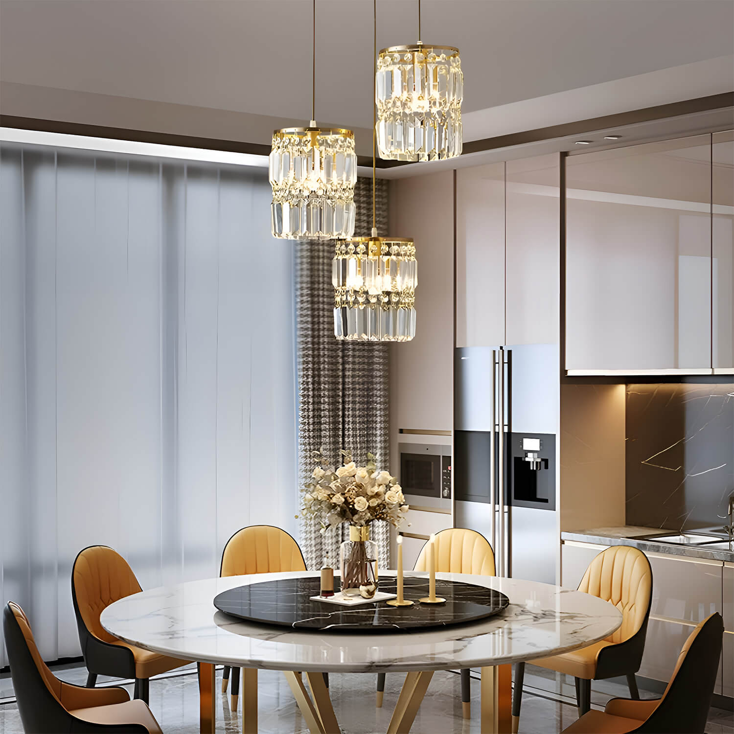 3-Light Gold Crystal Chandelier - Linear Pendant Light