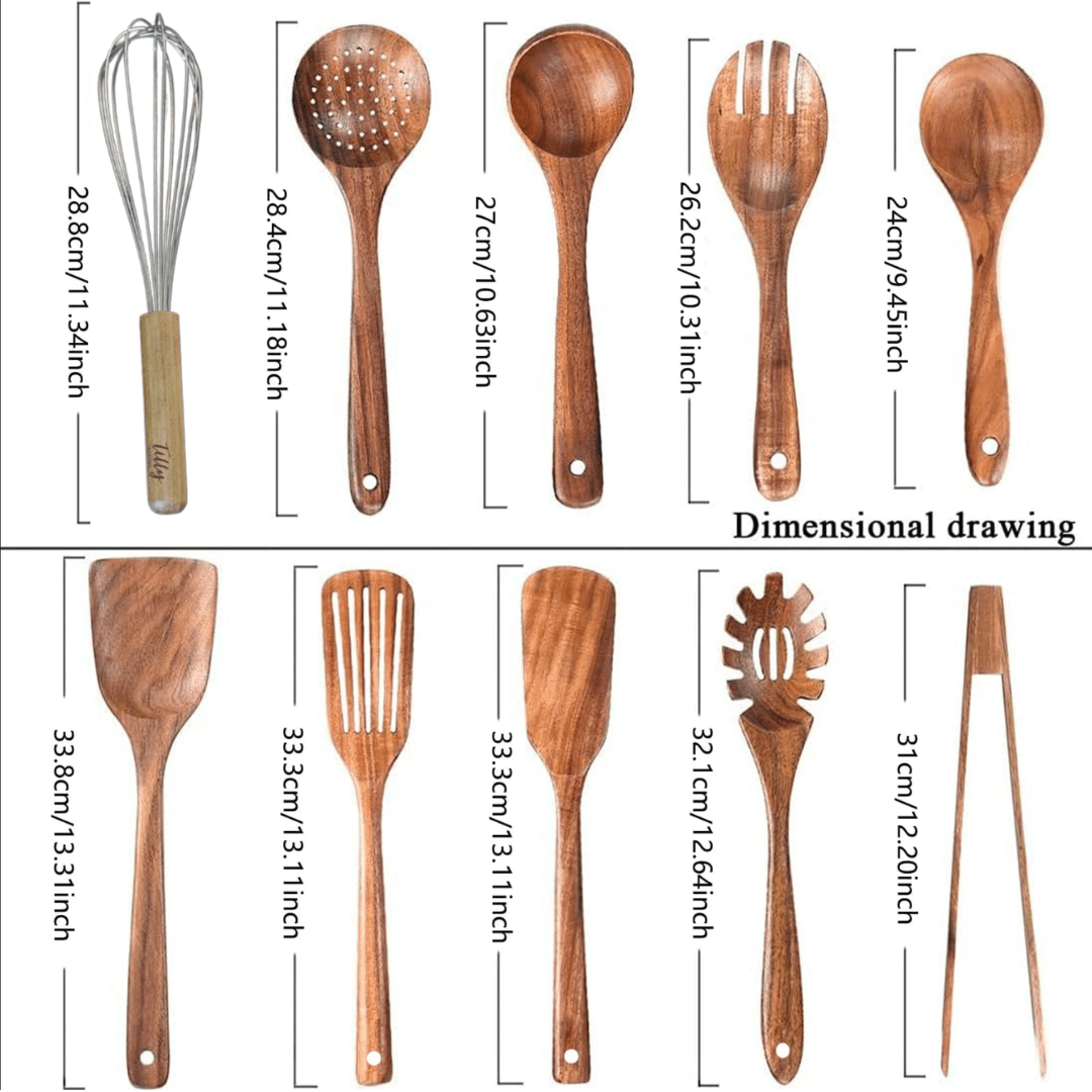 10 Piece Teak Wooden Utensil Set