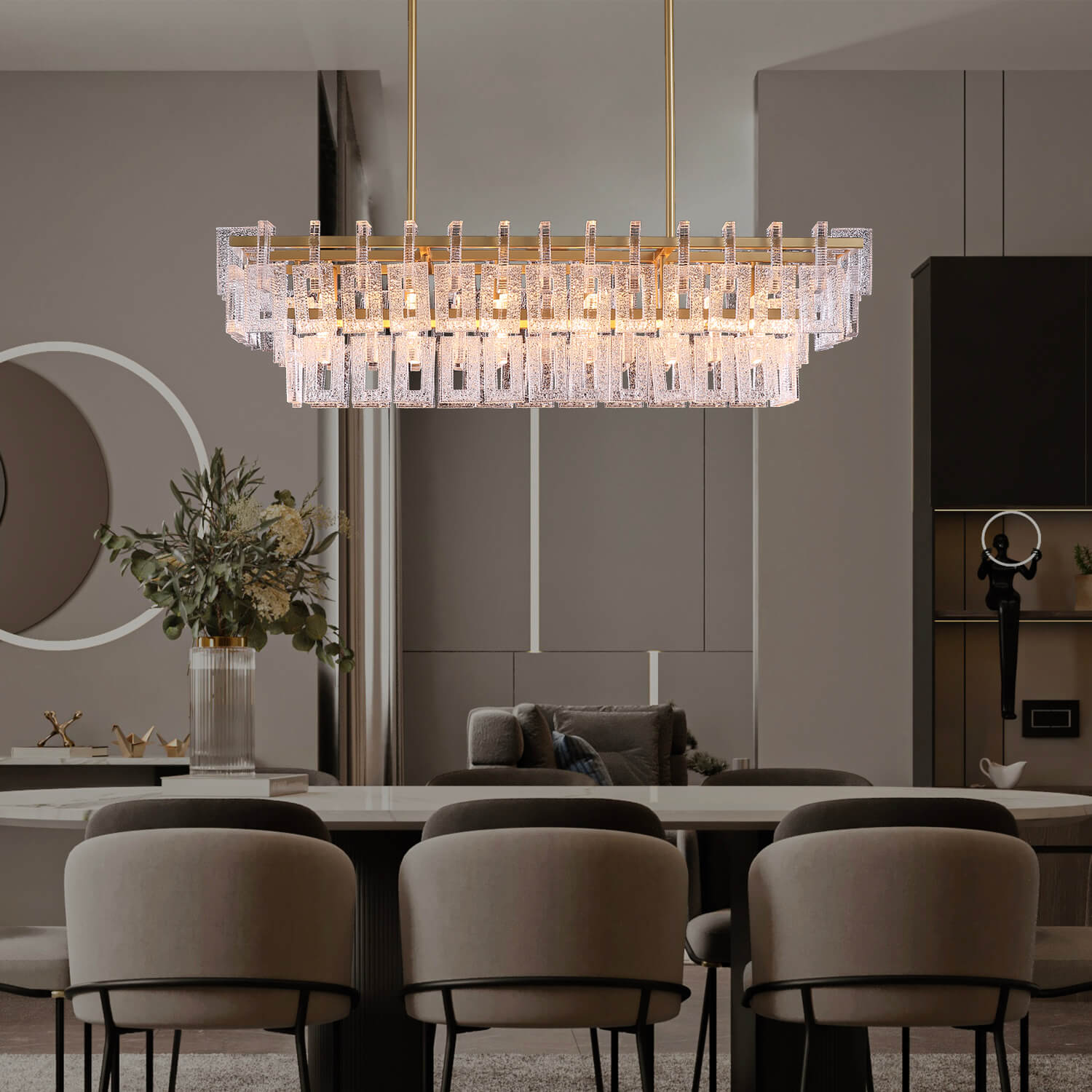 Modern Gold Frame Glass Linear Chandelier - Dining Room