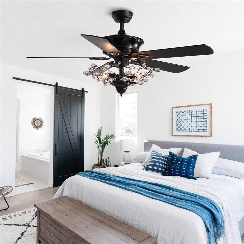 5 - Blade Black Crystal Branch Ceiling Fan with Remote Control