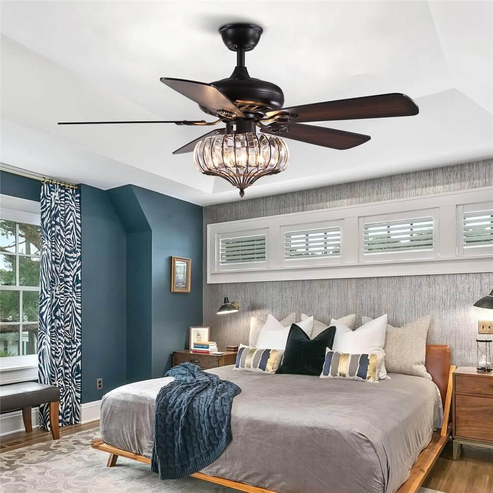 5 - Blade Black Frame Crystal Ceiling Fan with Remote Control for Living Room