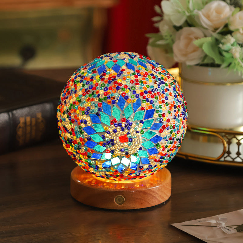 Contemporary Creative Bohemian Wooden Base Colourful Glass Ball USB LED Desk Lamp for Bedroom