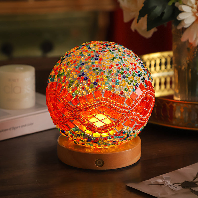 Contemporary Creative Bohemian Wooden Base Colourful Glass Ball USB LED Desk Lamp for Bedroom