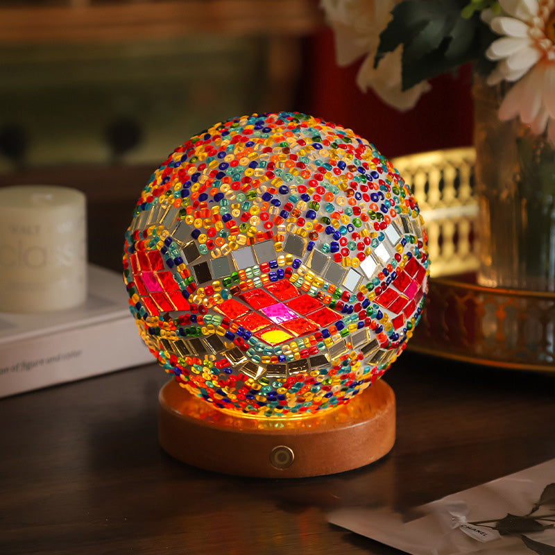 Contemporary Creative Bohemian Wooden Base Colourful Glass Ball USB LED Desk Lamp for Bedroom