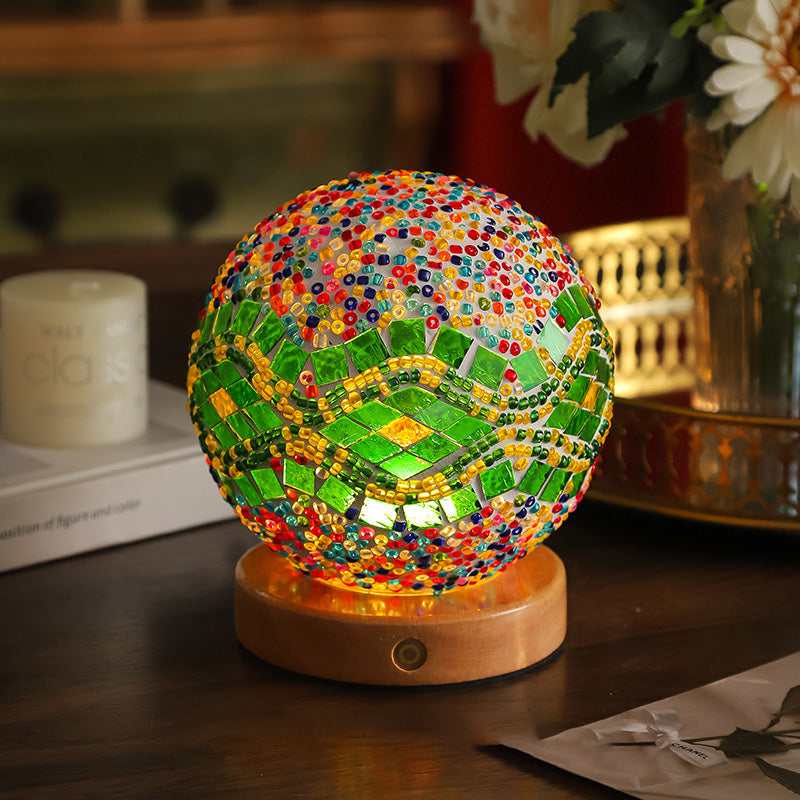 Contemporary Creative Bohemian Wooden Base Colourful Glass Ball USB LED Desk Lamp for Bedroom