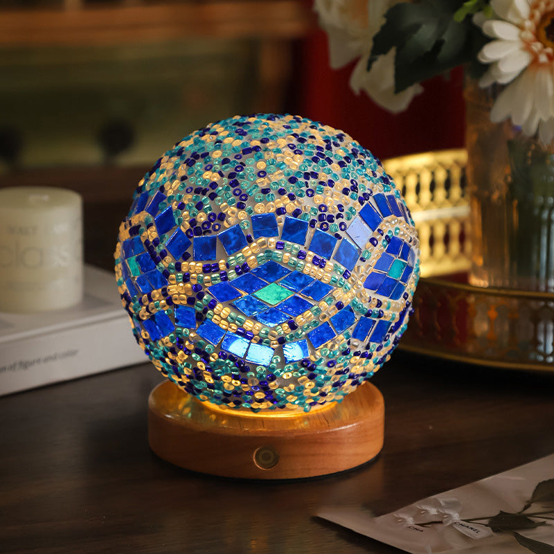 Contemporary Creative Bohemian Wooden Base Colourful Glass Ball USB LED Desk Lamp for Bedroom