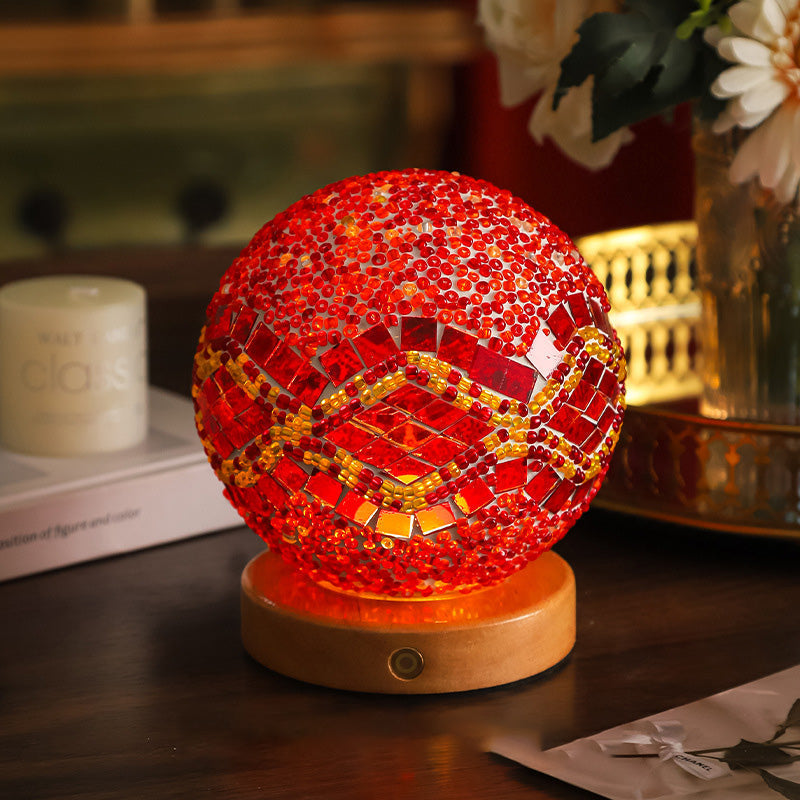 Contemporary Creative Bohemian Wooden Base Colourful Glass Ball USB LED Desk Lamp for Bedroom