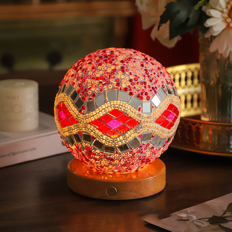 Contemporary Creative Bohemian Wooden Base Colourful Glass Ball USB LED Desk Lamp for Bedroom