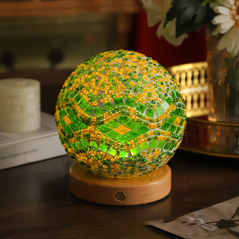 Contemporary Creative Bohemian Wooden Base Colourful Glass Ball USB LED Desk Lamp for Bedroom