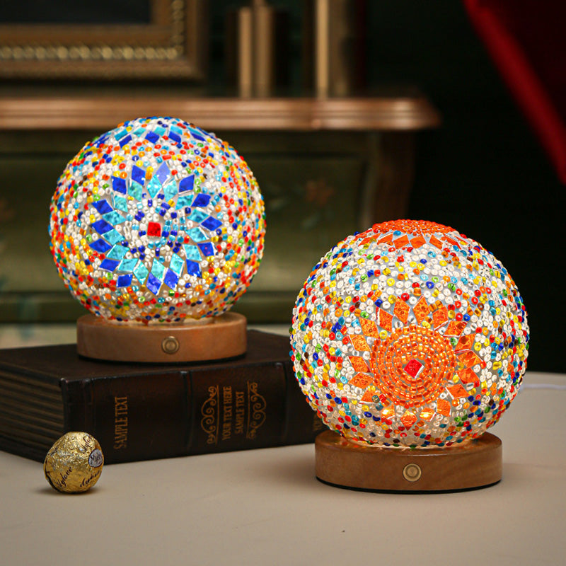 Contemporary Creative Bohemian Wooden Base Colourful Glass Ball USB LED Desk Lamp for Bedroom