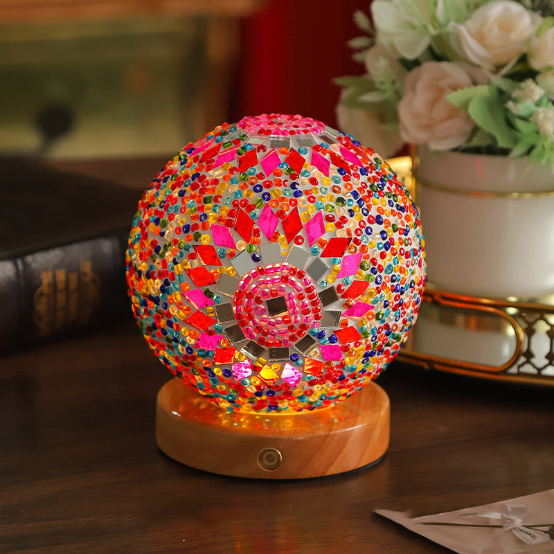 Contemporary Creative Bohemian Wooden Base Colourful Glass Ball USB LED Desk Lamp for Bedroom