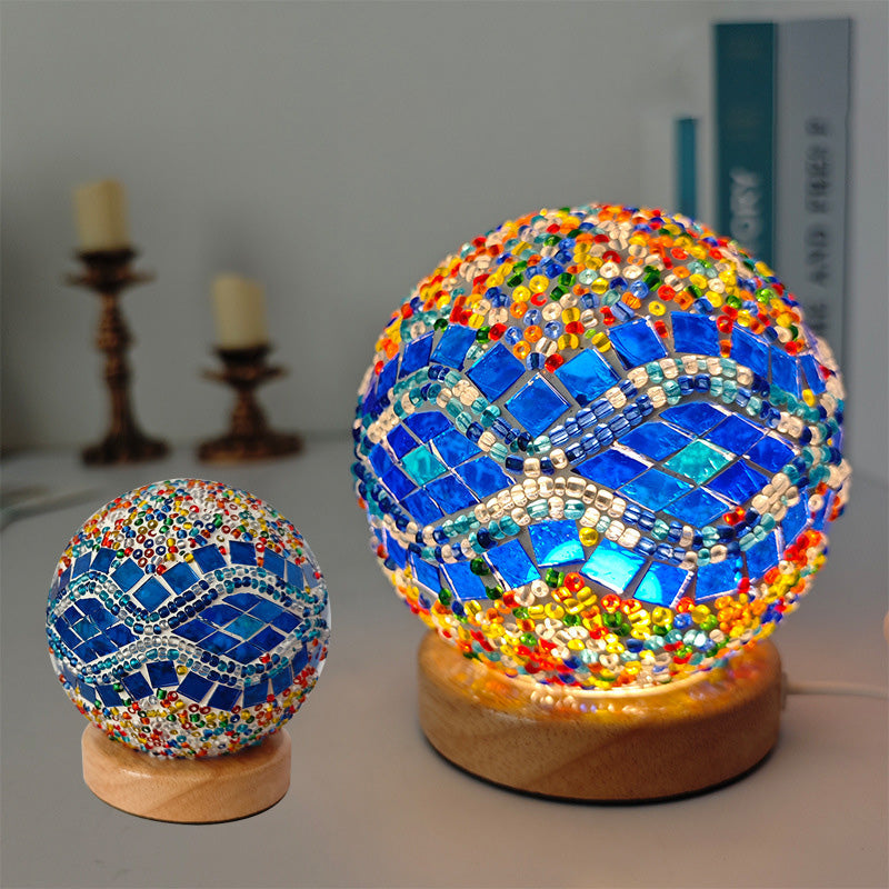 Contemporary Creative Bohemian Wooden Base Colourful Glass Ball USB LED Desk Lamp for Bedroom