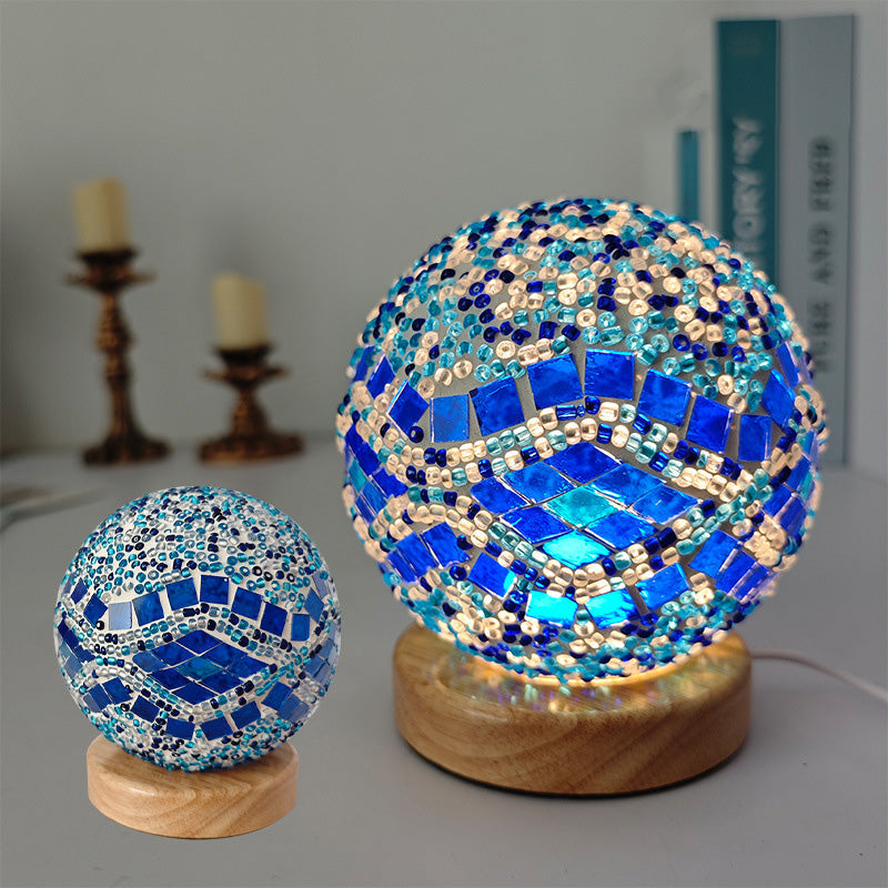 Contemporary Creative Bohemian Wooden Base Colourful Glass Ball USB LED Desk Lamp for Bedroom