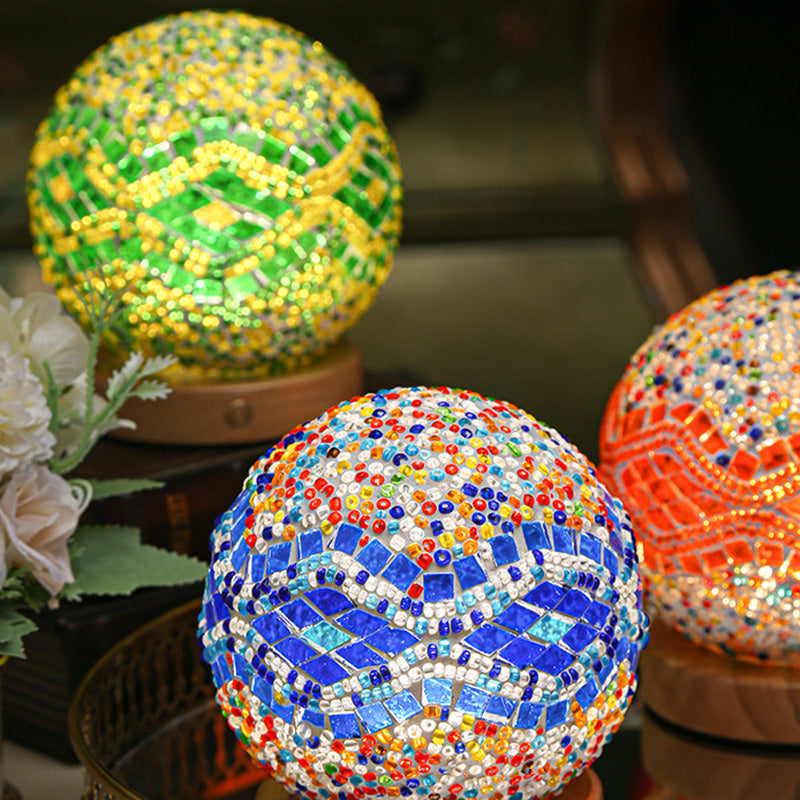 Contemporary Creative Bohemian Wooden Base Colourful Glass Ball USB LED Desk Lamp for Bedroom