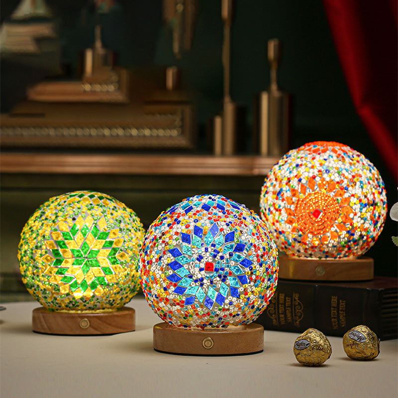 Contemporary Creative Bohemian Wooden Base Colourful Glass Ball USB LED Desk Lamp for Bedroom