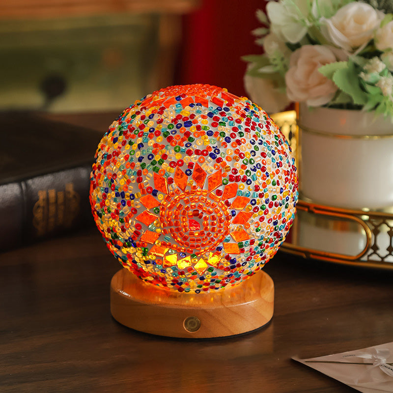 Contemporary Creative Bohemian Wooden Base Colourful Glass Ball USB LED Desk Lamp for Bedroom