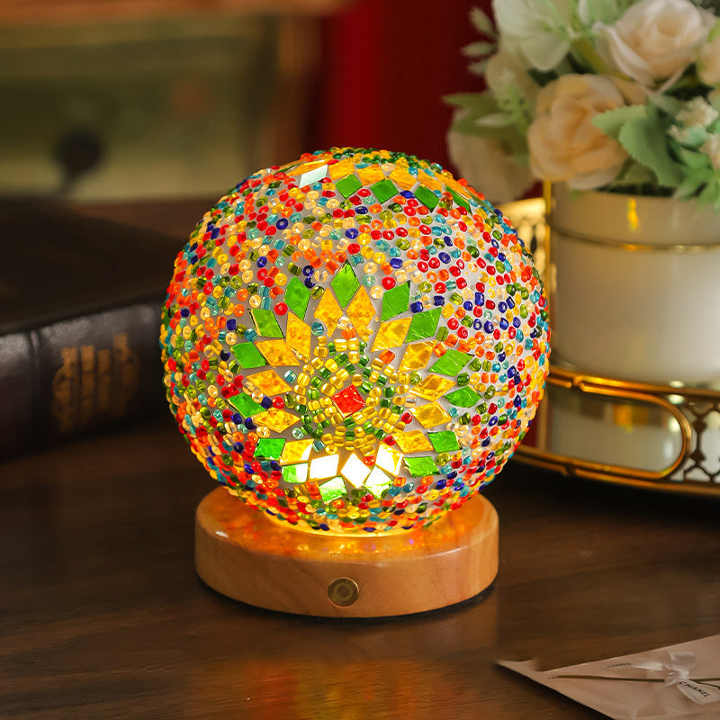 Contemporary Creative Bohemian Wooden Base Colourful Glass Ball USB LED Desk Lamp for Bedroom