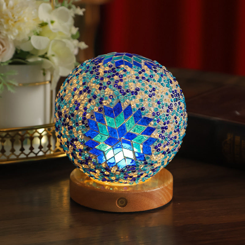 Contemporary Creative Bohemian Wooden Base Colourful Glass Ball USB LED Desk Lamp for Bedroom