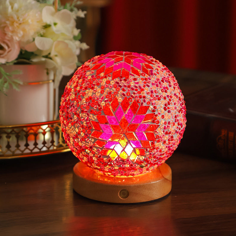 Contemporary Creative Bohemian Wooden Base Colourful Glass Ball USB LED Desk Lamp for Bedroom