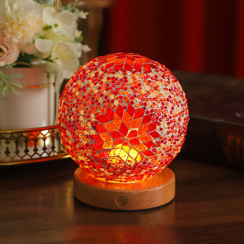 Contemporary Creative Bohemian Wooden Base Colourful Glass Ball USB LED Desk Lamp for Bedroom