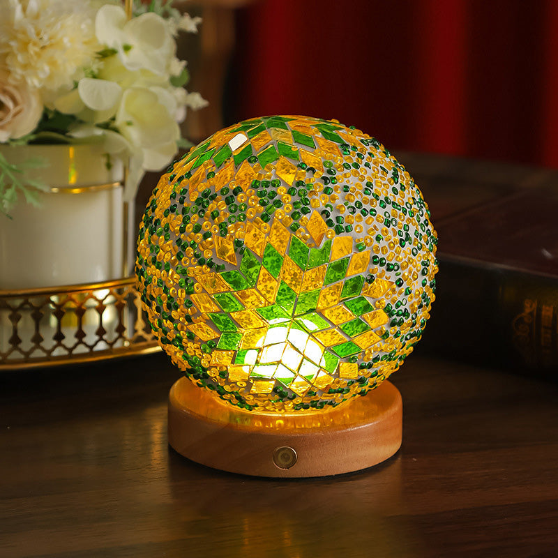 Contemporary Creative Bohemian Wooden Base Colourful Glass Ball USB LED Desk Lamp for Bedroom