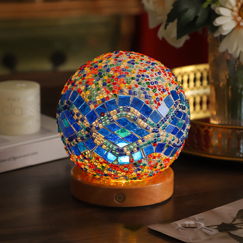 Contemporary Creative Bohemian Wooden Base Colourful Glass Ball USB LED Desk Lamp for Bedroom