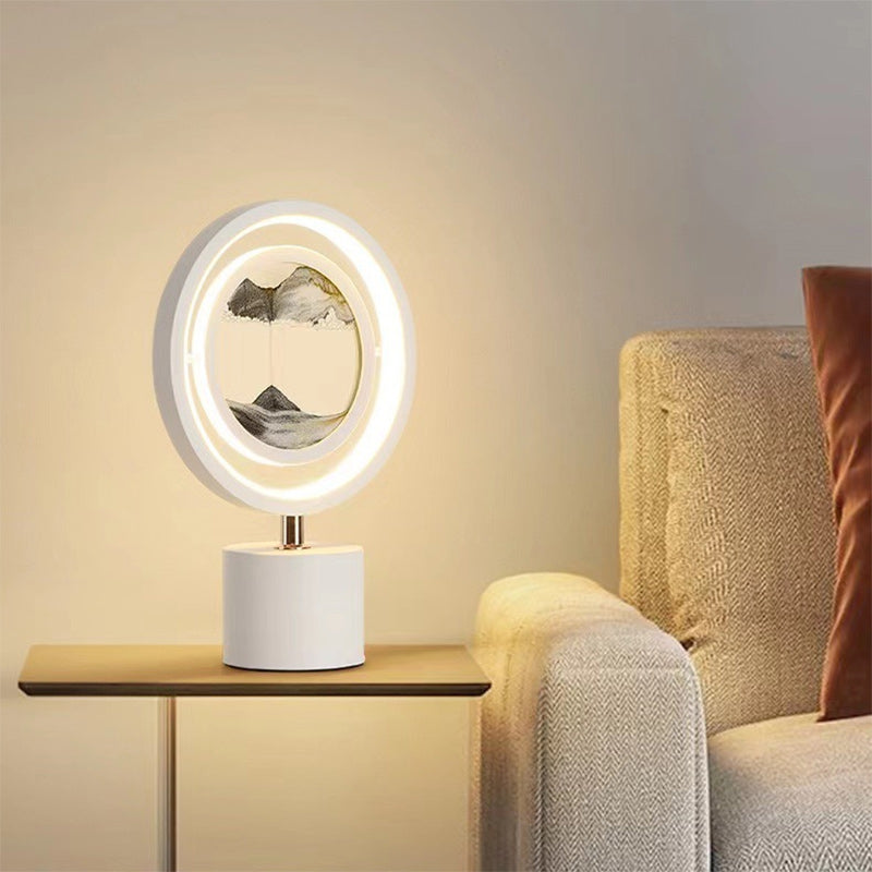 Contemporary Creative Metal Acrylic Silicone Round Sand Painting USB LED Table Lamp for Bedroom