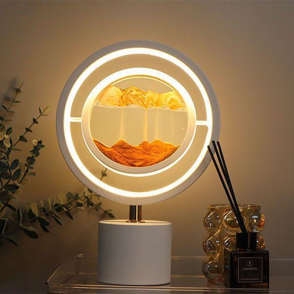 Contemporary Creative Iron Glass Round Sand Painting USB LED Table Lamp for Bedroom