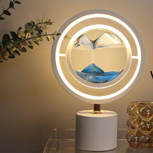 Contemporary Creative Iron Glass Round Sand Painting USB LED Table Lamp for Bedroom