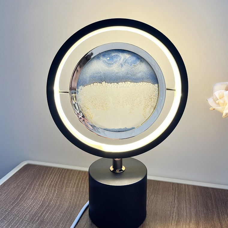 Contemporary Creative Iron Glass Round Sand Painting USB LED Table Lamp for Bedroom