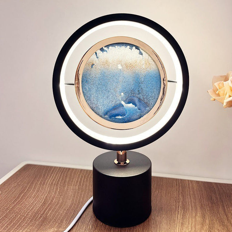 Contemporary Creative Iron Glass Round Sand Painting USB LED Table Lamp for Bedroom