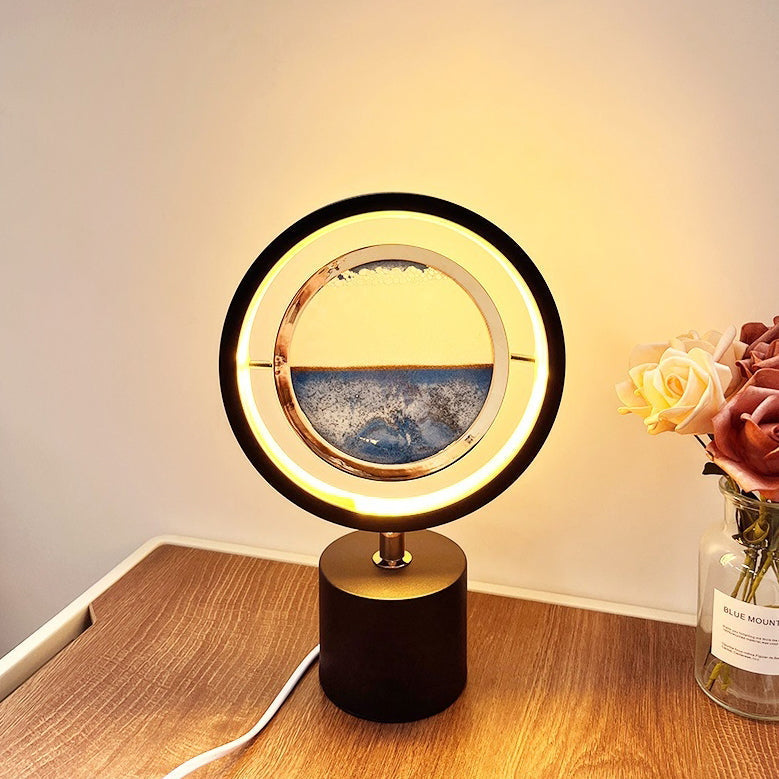 Contemporary Creative Iron Glass Round Sand Painting USB LED Table Lamp for Bedroom