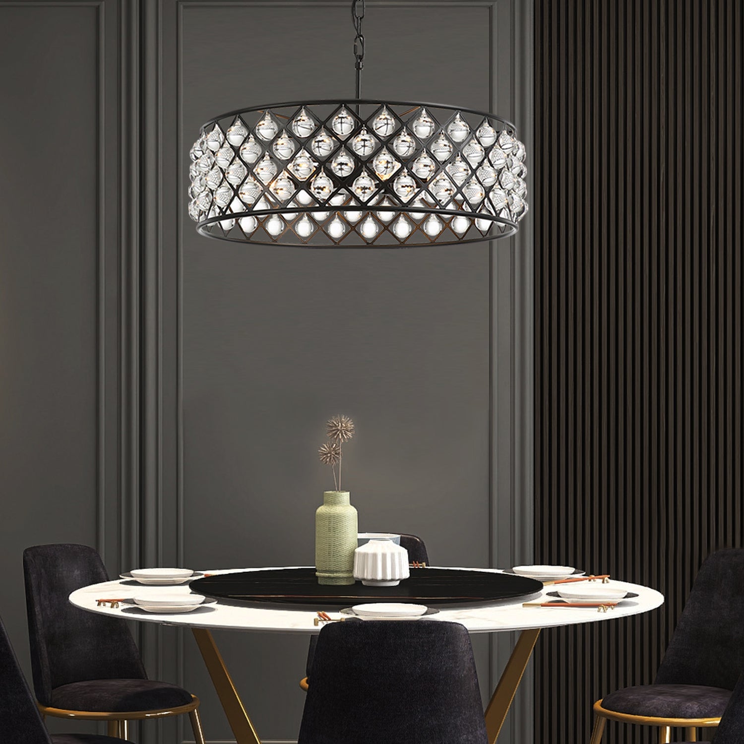 Black Drum Shape Crystal Chandelier - Pendant Light