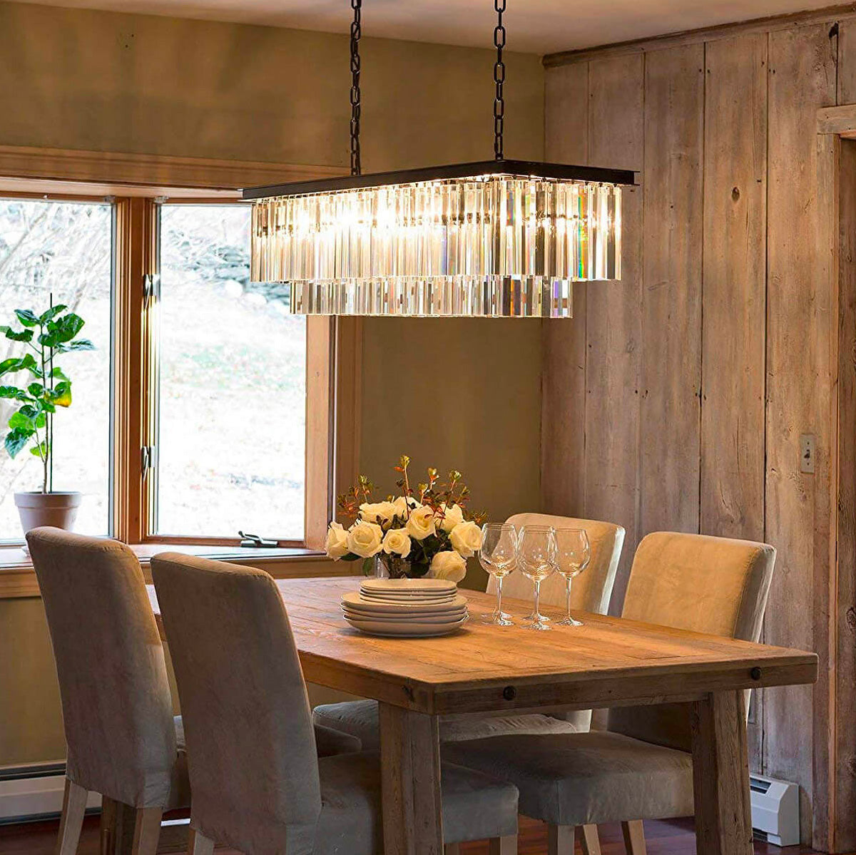 Vintage Clear Crystal Rectangular Chandelier - Dining Room