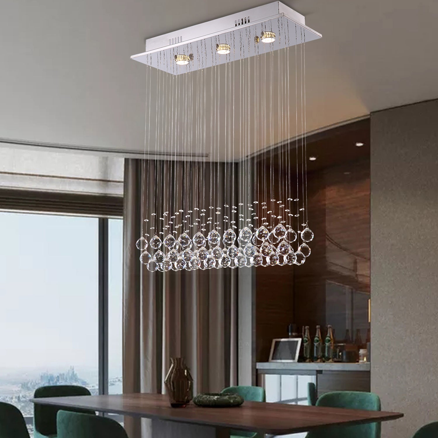 Modern Rectangular Crystal Chandelier with Balls For Dining Room