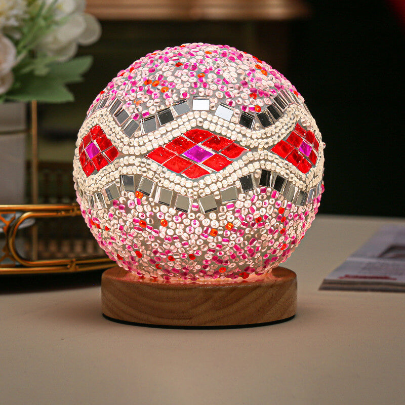 Contemporary Boho Orb Wood Glass USB LED Table Lamp