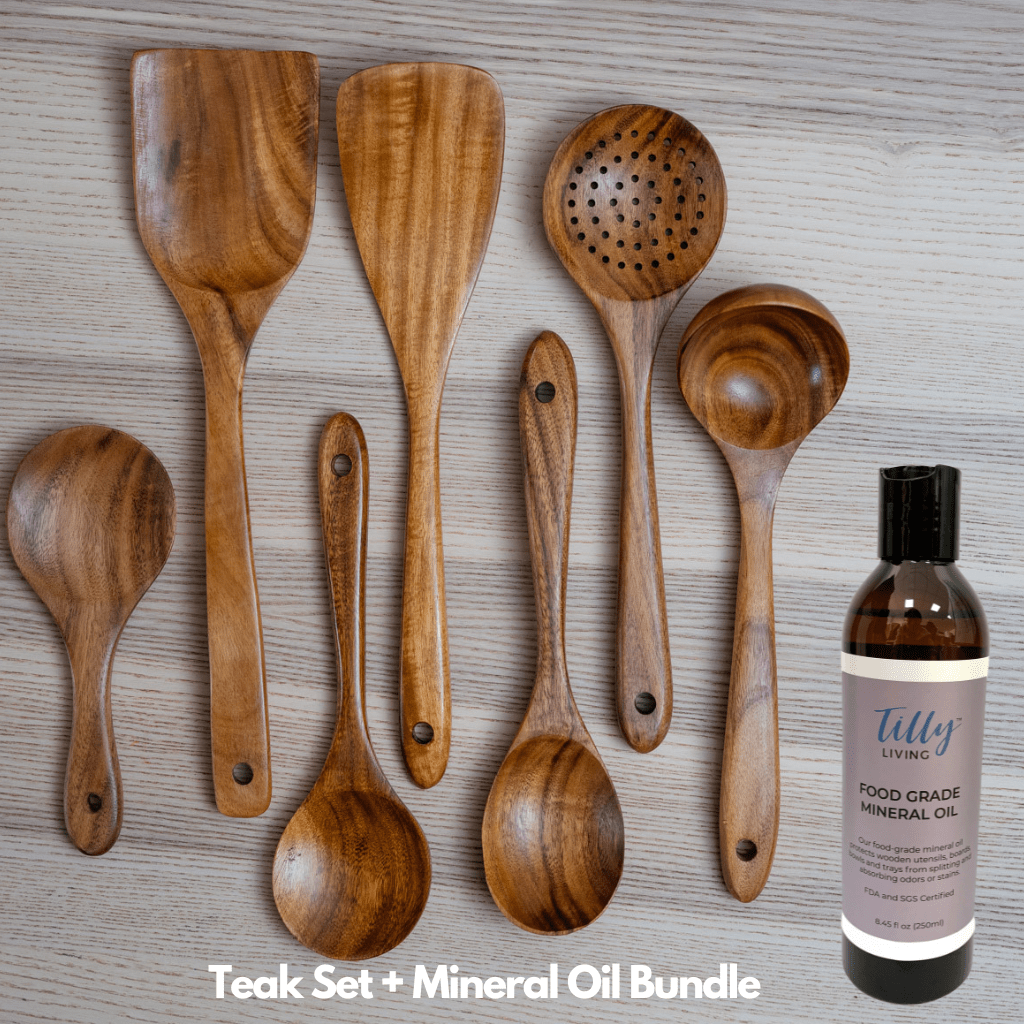 Teak Utensil Set + Mineral Oil Bundle