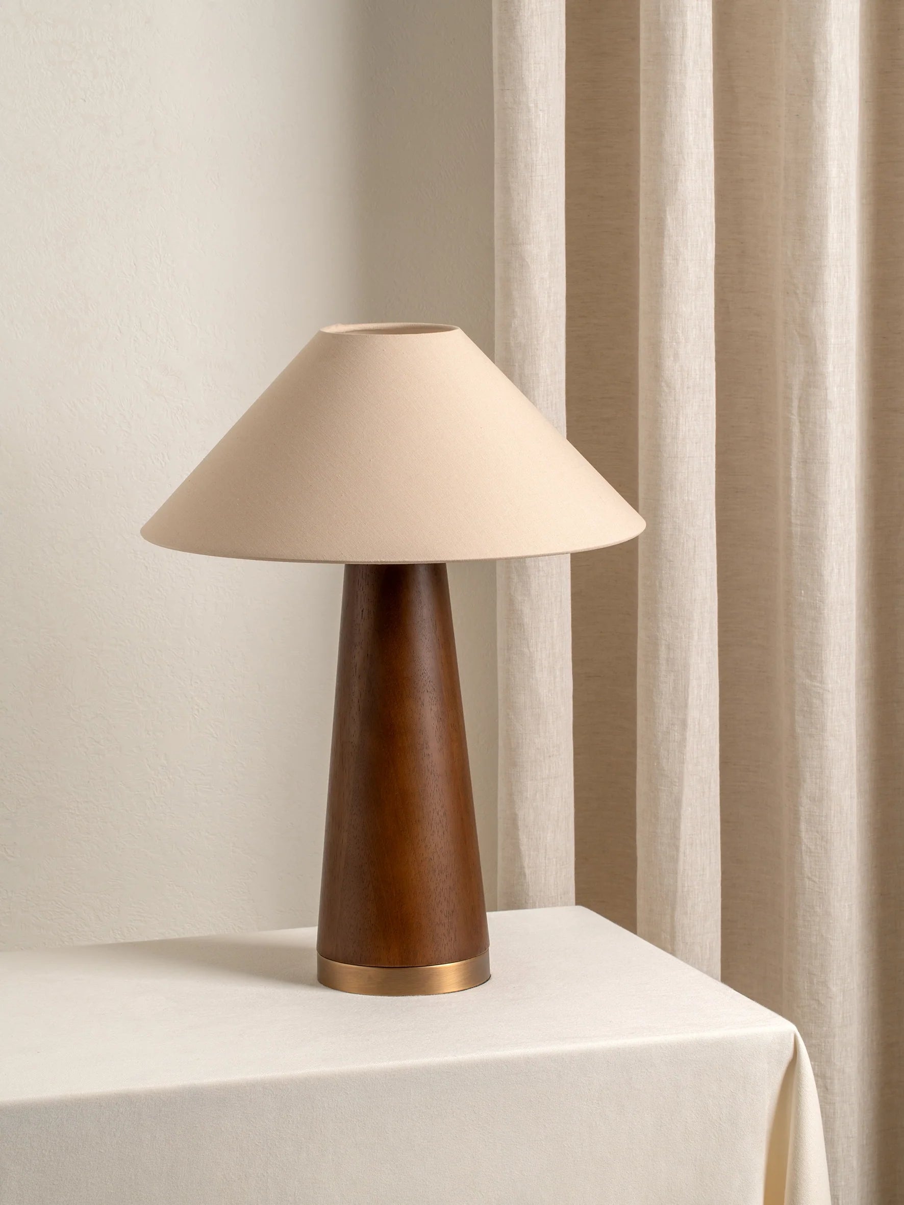 Baneza - aged brass and wood cone table lamp