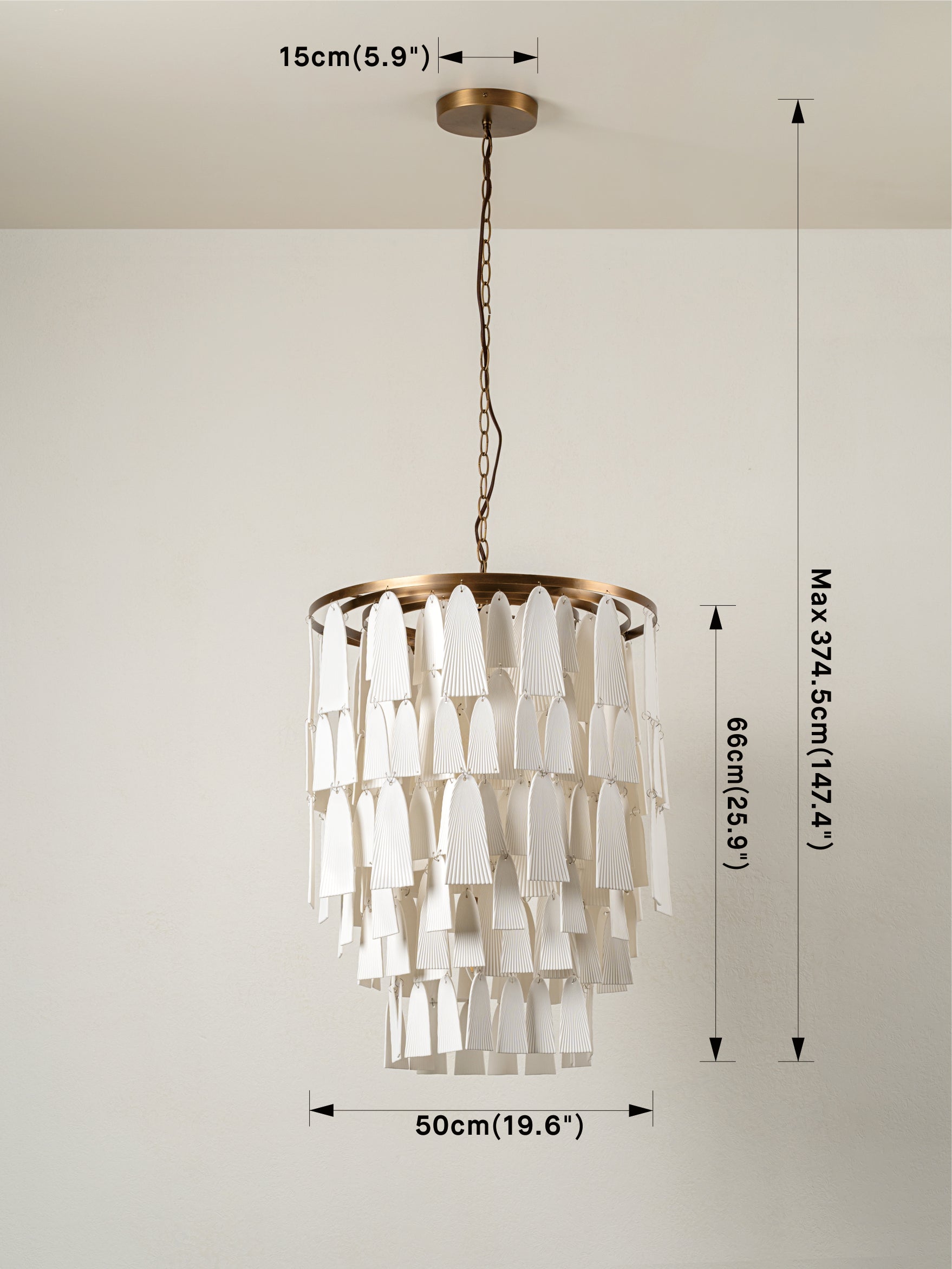 Kaolin - 4 light tiered aged brass and porcelain chandelier