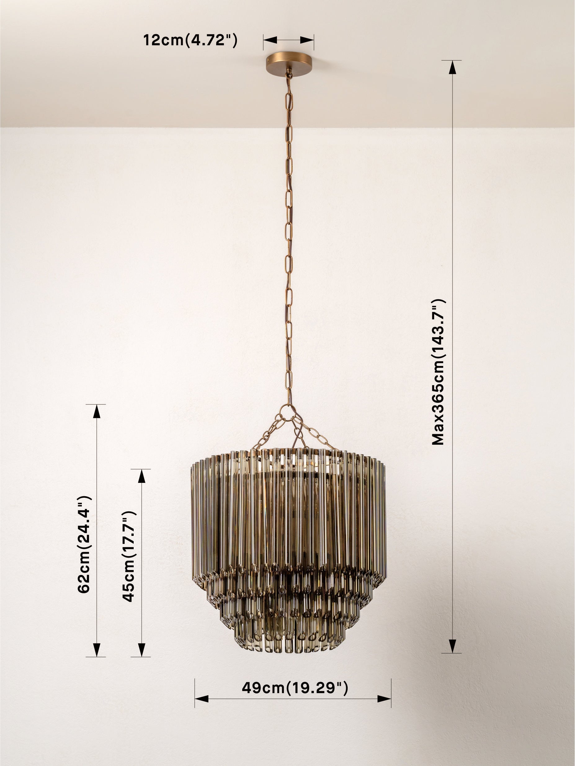 Petalia - 9 light aged brass and smoked green glass tube tall chandelier