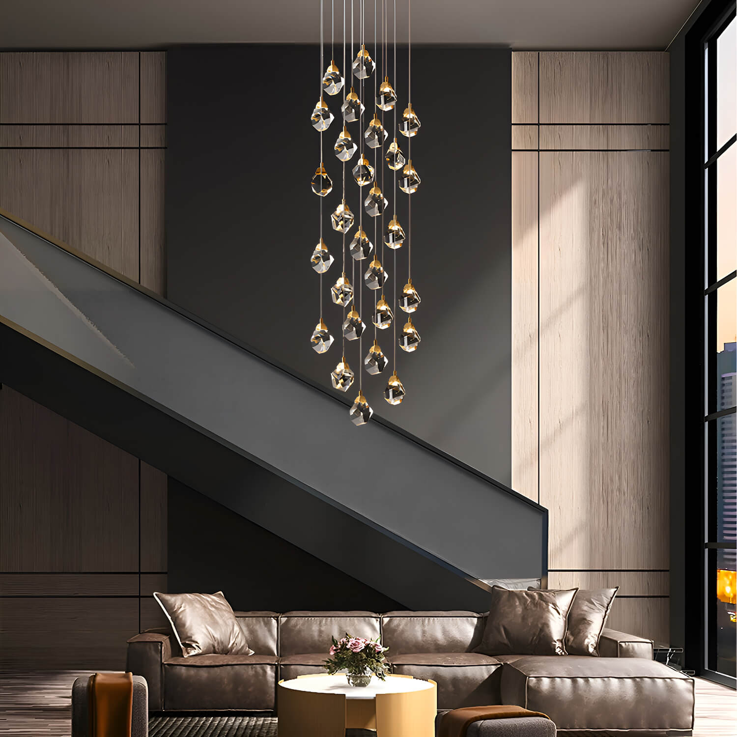 Modern Golden Raindrop Crystal Chandeliers for High Ceilings in Foyer & Living Room