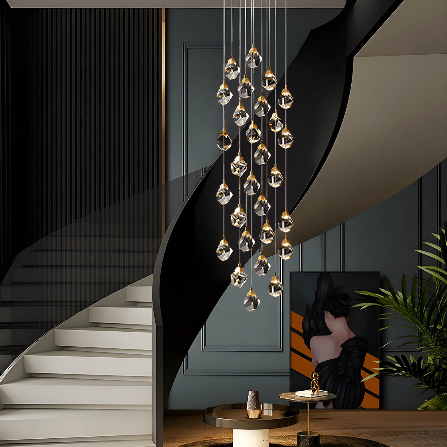 Modern Golden Raindrop Crystal Chandeliers for High Ceilings in Foyer & Living Room