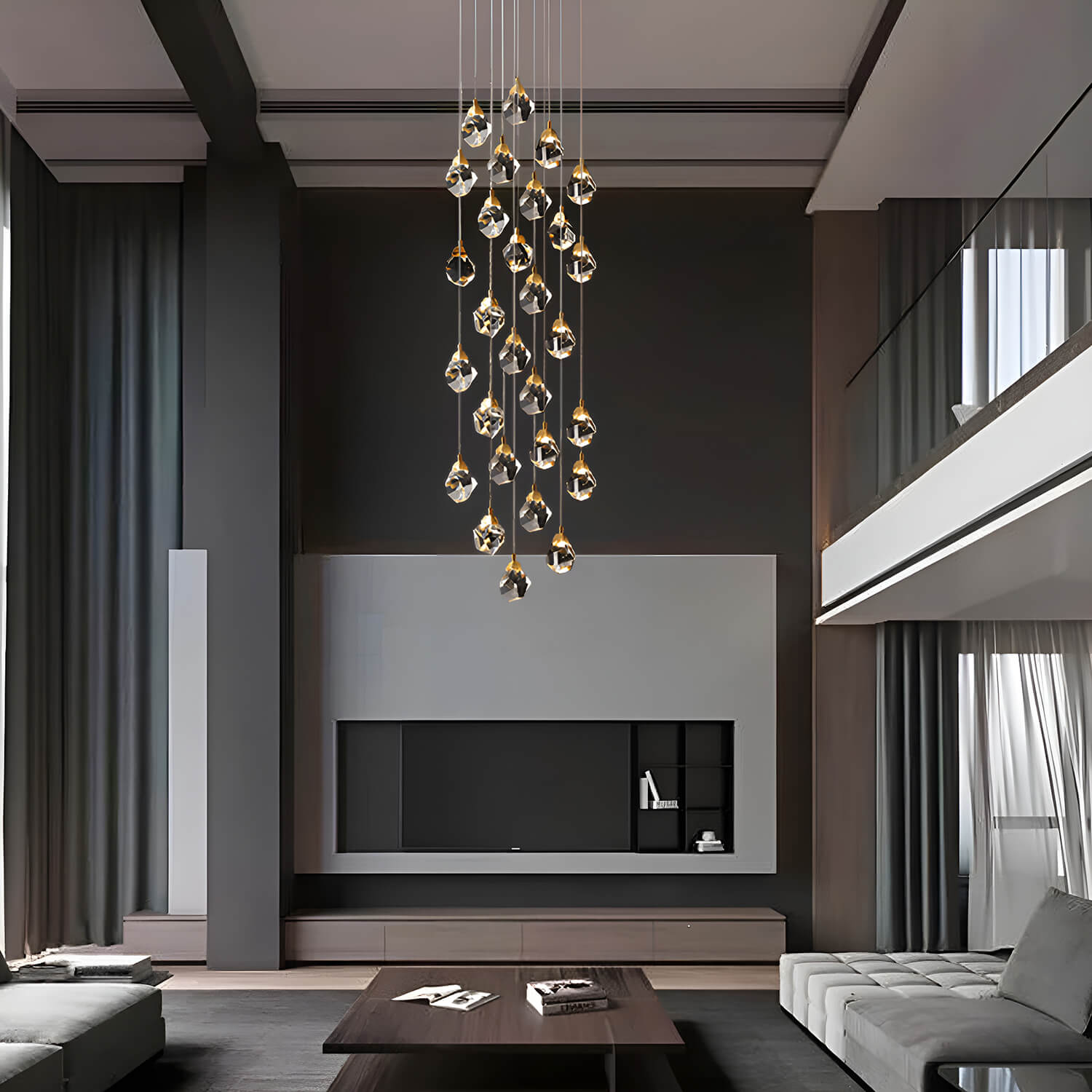 Modern Golden Raindrop Crystal Chandeliers for High Ceilings in Foyer & Living Room