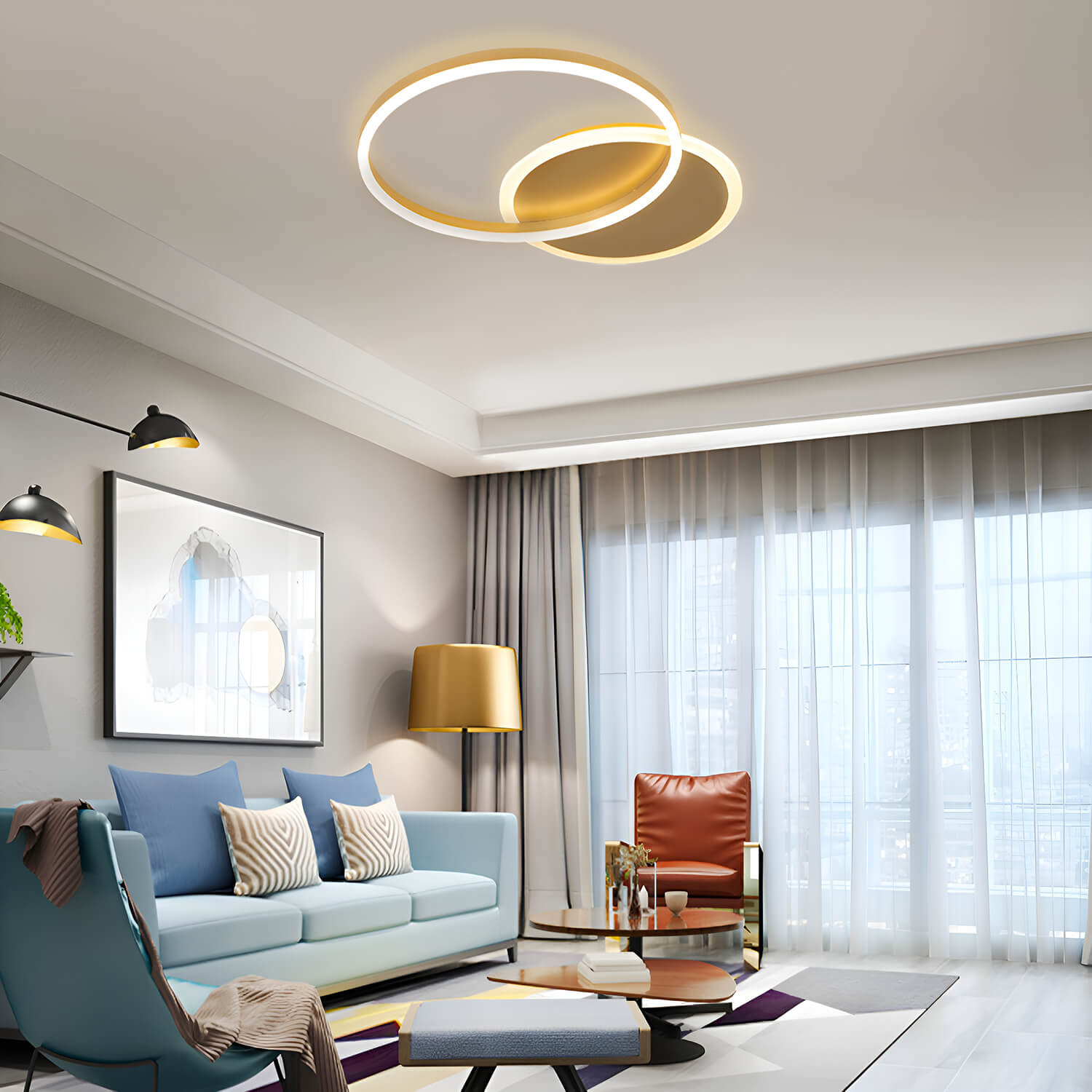 Modern LED Gold Ceiling Light Fixture with 2 Round Aluminum Rings